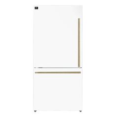 a white refrigerator freezer with gold trimmings on the door and bottom drawer