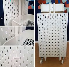 four different views of a white shelf with holes in it and the bottom one is open