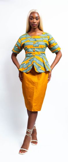 A cotton skirt set. Fitted Peplum Sets For Spring, Fitted Matching Set For Workwear, Fitted Cotton Two-piece Set, Spring Cotton Two-piece Set, Fitted Multicolor Peplum Set, Fitted Orange Workwear Sets, Yellow Fitted Short Sleeve Set, Green Cotton Workwear Set, Orange Cotton Sets For Spring