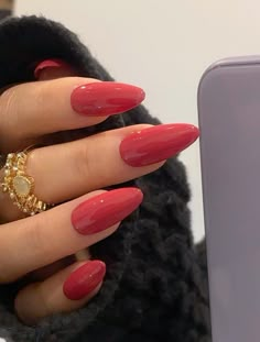 ♥ #short #nails #ideas Glittery Red Nails Acrylic, Red Basic Nails, Light Red Nails Acrylic, Pastel Red Nails, Soft Red Nails, Nail Inspo Plain, Different Shades Of Red Nails, Simple Nail Designs Almond, Pinky Red Nails