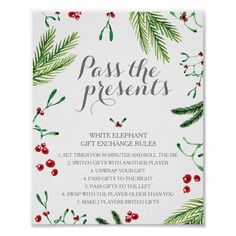 a christmas party pass the presents card with holly branches and red berries on white paper