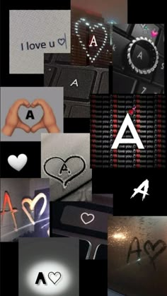 the collage has many different pictures with letters and numbers on it, including hearts