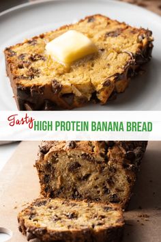 two pictures of banana bread with butter on top and chocolate chips in the middle,