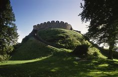 an old castle sitting on top of a lush green hill covered in grass and trees