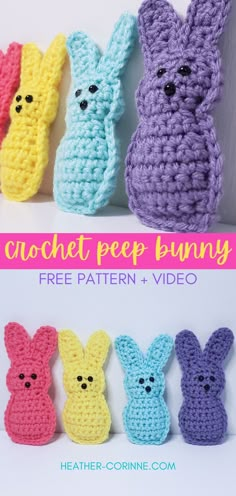 A pinterest graphic for the Crochet Peep Bunny free pattern + video showing four peeps in different yarn colors. Peeps Crochet Pattern Free, Peep Crochet Pattern Free, Crochet Peeps Bunny Free Pattern, Crochet Peeps, Crochet Easter Basket Free Pattern, Crochet Peep, Easter Teens, Crochet Rabbit Free Pattern, Crochet Marshmallow