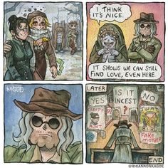 comic strip with two people talking to each other and one person wearing a hat on the other