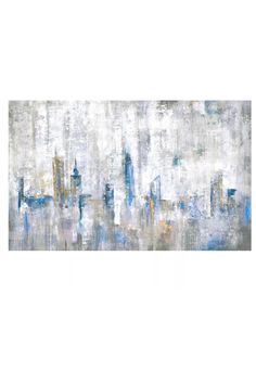 an abstract painting with blue and white colors on the wall in front of a cityscape