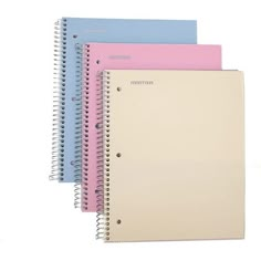 three spiral bound notebooks in various colors and sizes, one is pink, the other is blue