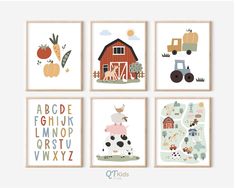 four children's wall art prints featuring farm animals, tractor, barn and pumpkins