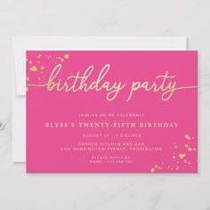 a pink and gold birthday party card