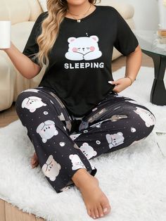 Plus Size Leisure Cartoon Bear Print Pajamas Set Black Cute  Short Sleeve Knitted Fabric Cartoon Pant Sets Medium Stretch All Women Plus Sleep and Lounge, size features are:Bust: ,Length: ,Sleeve Length: Camisa Grande, Pj Ideas, Moon Pajamas, Plus Size Women Casual, Plus Size Pajamas, Pant Sets, Cartoon Bear, Womens Pyjama Sets, Silk Shorts