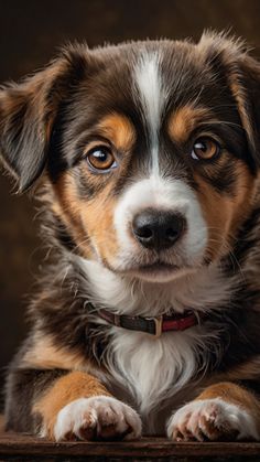 a brown and white dog sitting on top of a wooden floor next to a wall