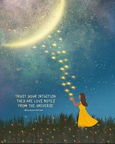 a girl in a yellow dress is looking up at the sky with stars above her