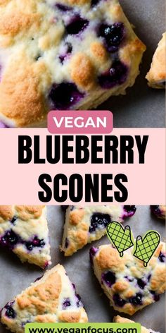 vegan blueberry scones on a baking sheet with the words vegan above them