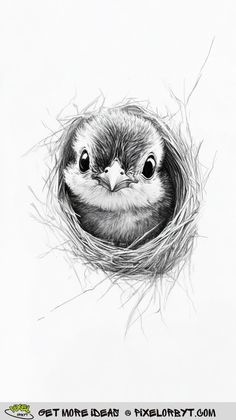 a pencil drawing of a baby bird in its nest