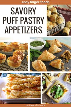 savory puff pastry appetizers with text overlay