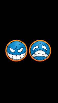 two blue and orange cartoon faces with eyes on each side, against a black background