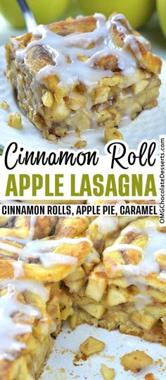 cinnamon roll apple lasagna on a white plate