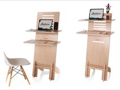 there are two wooden desks with computers on them and one is sitting next to a chair