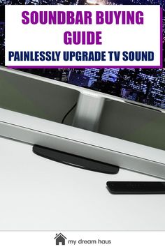 the soundbar buying guide is displayed in front of a tv screen with text overlay