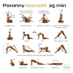 a woman doing yoga poses with the words porny rozruch 25 min