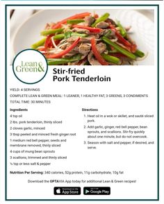 the flyer for lean green's stir - fried pork tenderion