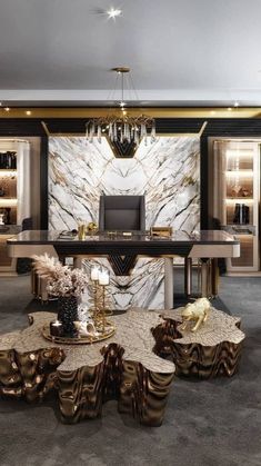 an elegant office with marble and gold accents