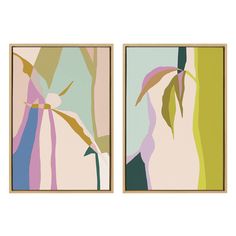 two framed paintings with flowers and leaves on them, one is green and the other is pink