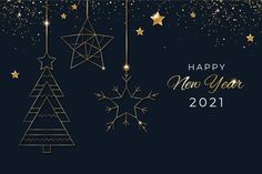 a happy new year greeting card with gold stars and christmas trees on a dark background