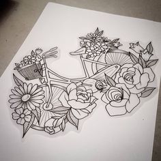 a drawing of a bicycle with flowers on it