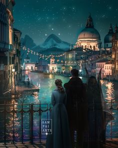 a man and woman looking at the night sky over a river with buildings in the background