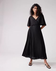 ASOS DESIGN wrap flutter sleeve midi dress with pleat skirt in black | ASOS Elegant Pleated V-neck Dress With Short Sleeves, V-neck Pleated Dress With Pleated Sleeves For Work, V-neck Midi Dress With Pleated Hem For Evening, Black Midi Dress With Pleated Hem For Evening, Evening V-neck Pleated Dress, Flowy V-neck Midi Dress For Work, Dressy Pleated V-neck Midi Dress, Black Maxi Dress With Pleated Waist, Black Spring Midi Dress With Pleated Sleeves