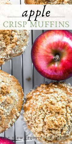 an apple muffin with crumbs on top and the title above it is below