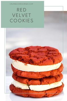 red velvet cookies are stacked on top of each other