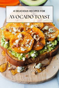 the avocado toast is topped with sliced oranges and nuts