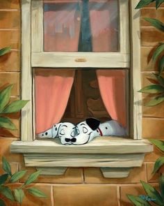 a painting of a dog laying on the window sill