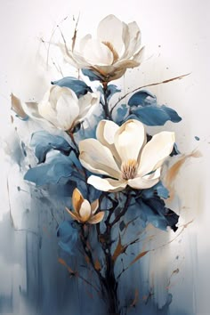 a painting of white flowers on a blue background