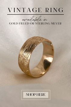 This statement band is bold, beautiful, and so lightweight. The band measures approximately 18mm wide. While this is stunning on its own, don't be afraid to stack it up! Gold Filled Ring, Silver Shop, Ring Dainty, Vintage Ring, Be Afraid, Vintage Gold, Vintage Rings