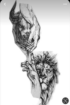 two drawings of hands holding each other with the faces of lions on one hand and an animal's head in the other