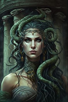 a woman with snakes on her head and long hair, standing in front of a column