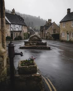 an empty street in the middle of town with houses on either side and a water fountain