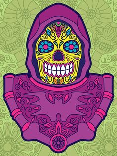 a drawing of a skeleton wearing a purple hoodie with colorful flowers in the background