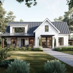 this is a computer rendering of the front elevation of these modern farmhouse houseplans