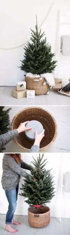 a woman placing a bowl on top of a small christmas tree in a wicker basket