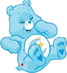 a blue teddy bear sitting on its back holding a white sign with the letter c in it's paws