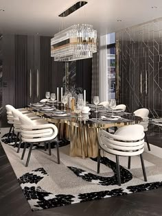 an elegant dining room with black and white decor, chandelier, chairs, and table