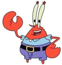 a cartoon character holding a lobster in one hand and wearing a blue shirt on the other