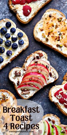 Overhead image of breakfast toasts topped with fresh fruit, nuts, coconut and honey on a dark counter.