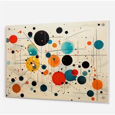 an abstract painting on canvas with circles and lines painted on it's surface in various colors