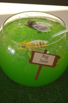 a green bowl with a sign and two bugs in it